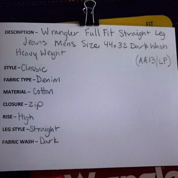 Wrangler Full Fit Straight Leg Jeans Men's Size 44x32 Heavy Weight Dark Wash - Picture 9 of 9